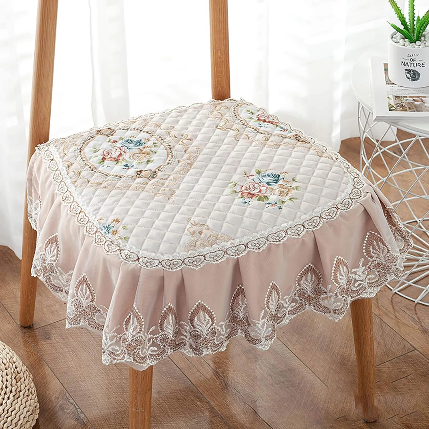 1 Pc Lace Ruffled Dining Chair Cushion,Non Slip Seat Cushions with Ties,Square Stool Chair Pad Home Decor Luxury Warm Soft Cushion-A 43x45cm(17x17.7inch)