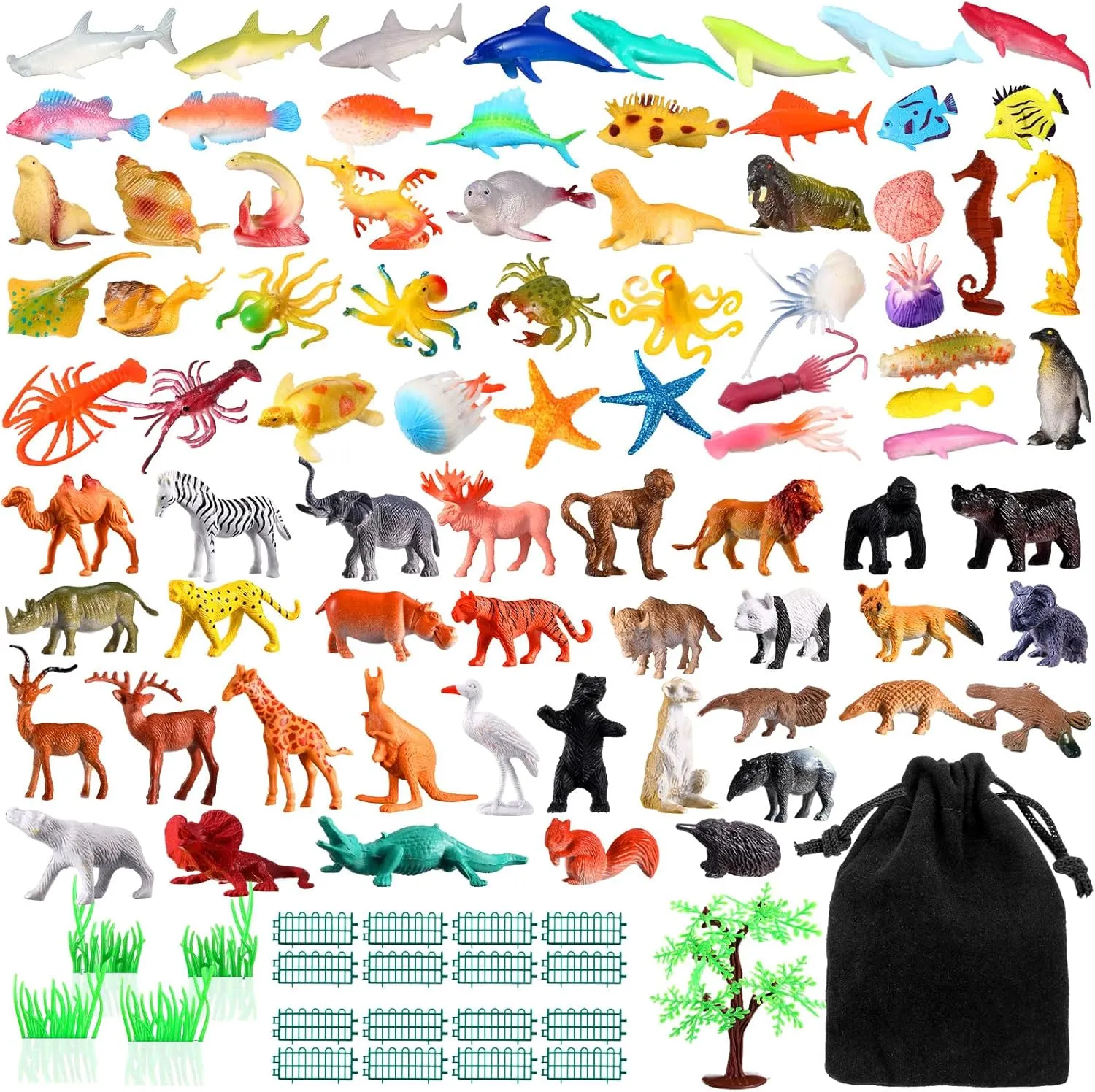 105 Pcs Safari Animal Toys Sea Creature Toys Realistic Jungle Animals Figurines Ocean Sea Animal Plastic Animal Learning Toys for Educational Party Cake Cupcake