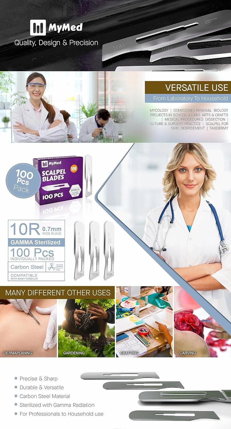 10r Blades Dermaplaning 0.7mm Extra Wide Pack of 100 Surgical Blades 10r, Size 10r Scalpel Blades, High Carbon Steel Dermablade Dermaplane Blades 10r Individually Wrapped Disposable 10r Blade Sterile