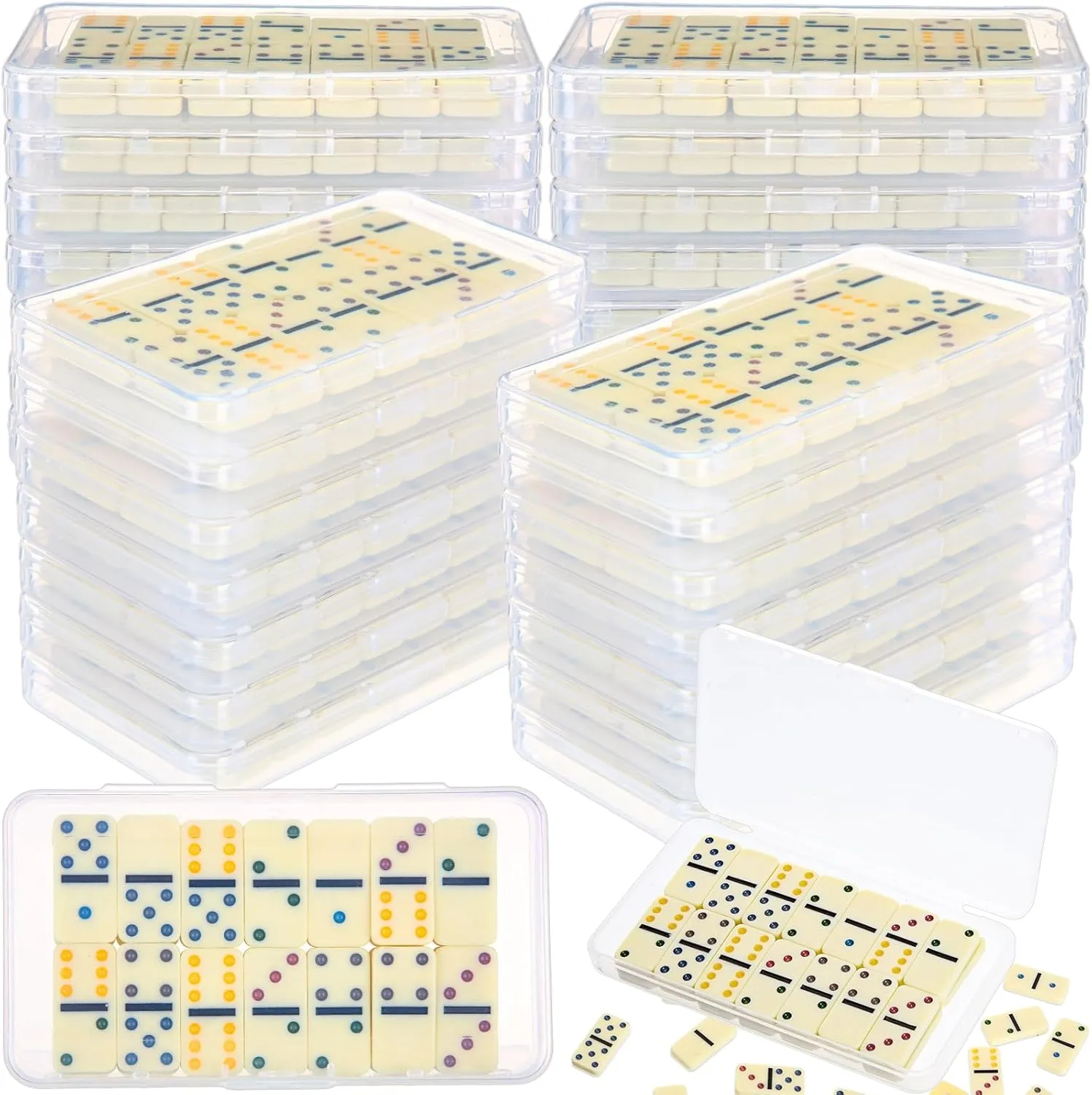 12 Pack Mini Domino Game Set Bulk Double 6 Dominoes 28 Pieces Tile Colored Dots Domino Game with Clear Plastic Box Family Board Games Party Favor Travel Box Educational Toys for Adults