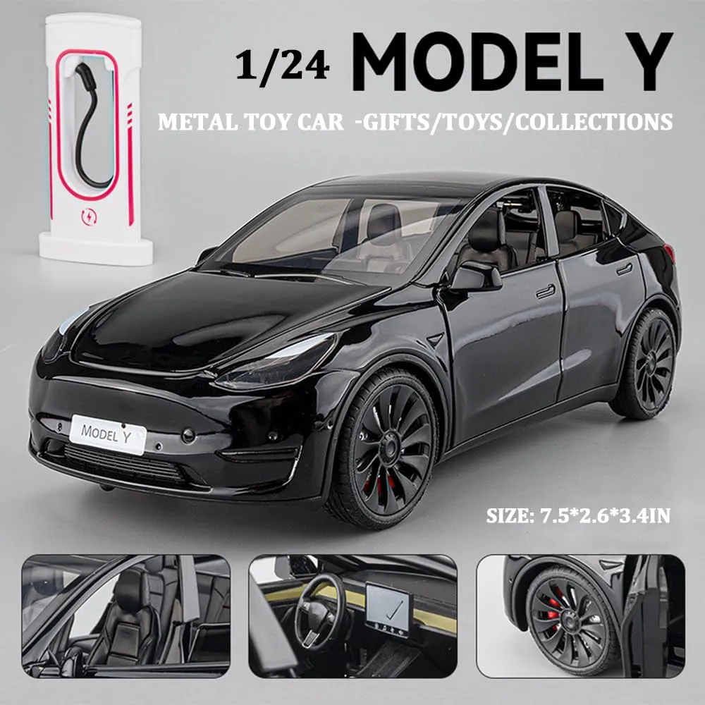 1/24 Scale Diecast Car Model Y, Alloy Diecast Toy Cars Pull Back Toys with Sound & Light, Vehicles Toys for Kids Gift Car Lovers Collection (1/24 Model Y -Black)
