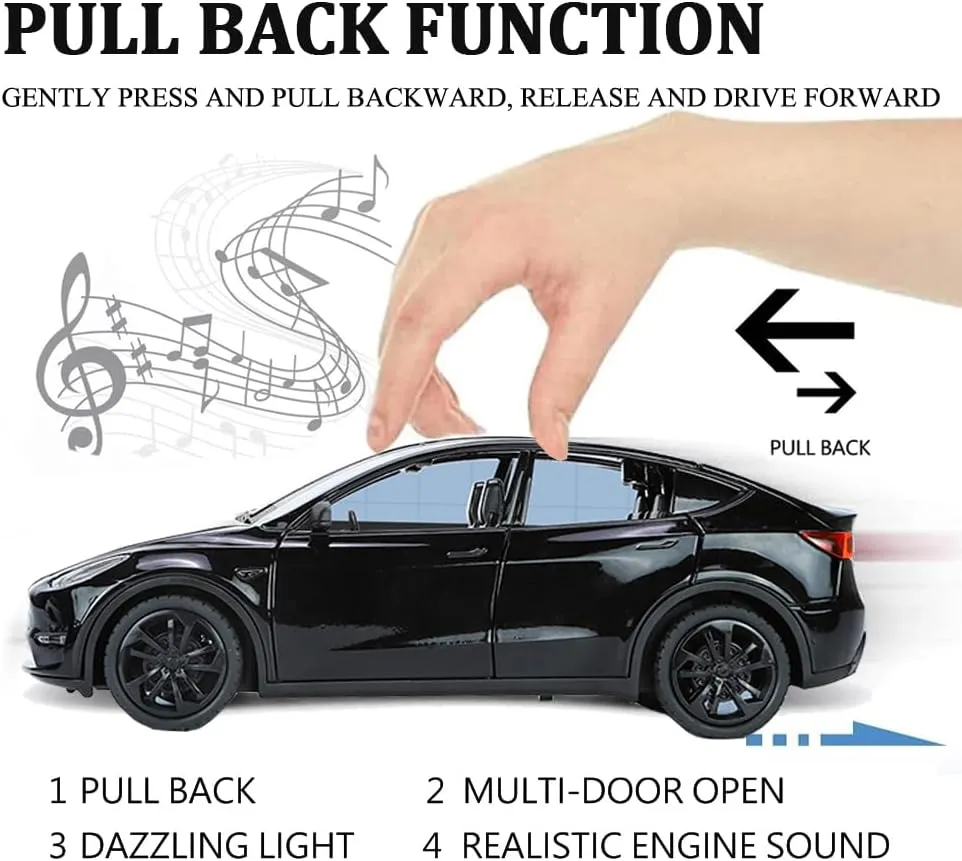 1/24 Scale Diecast Car Model Y, Alloy Diecast Toy Cars Pull Back Toys with Sound & Light, Vehicles Toys for Kids Gift Car Lovers Collection (1/24 Model Y -Black)