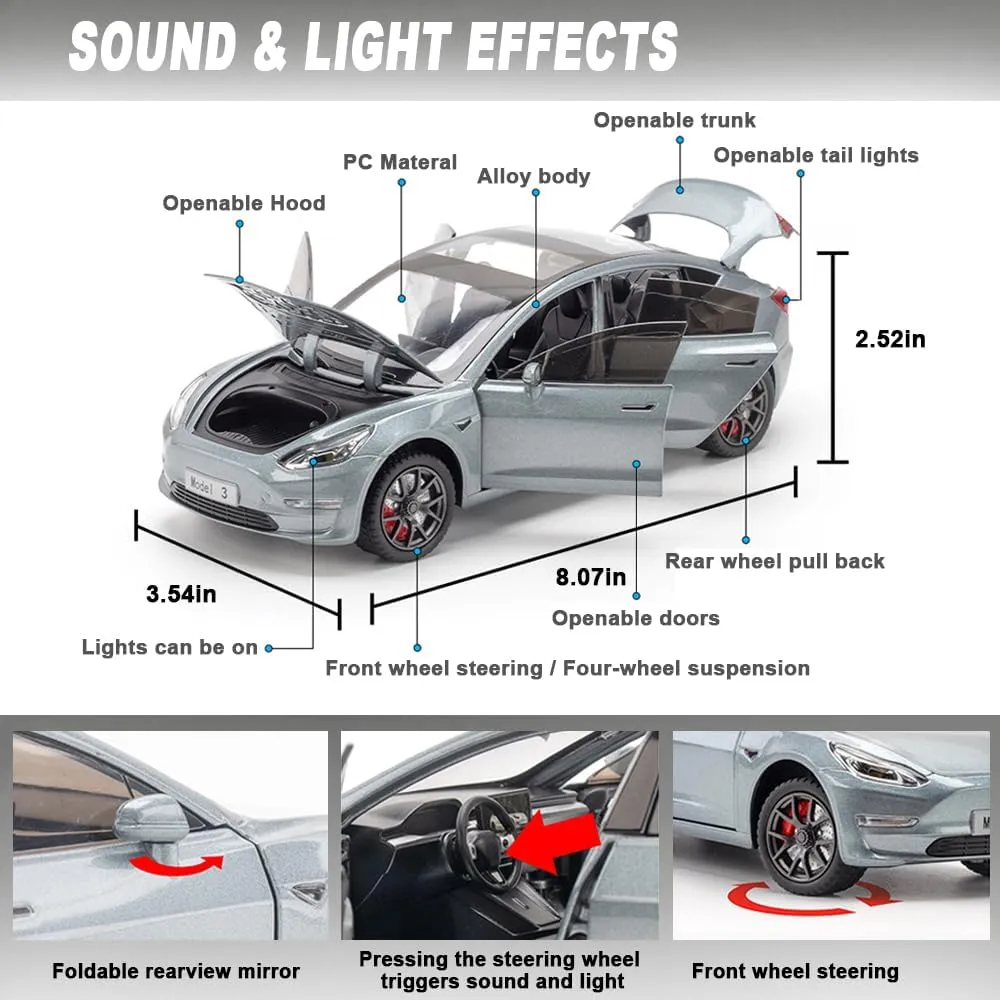 1:24 Scale Toy Cars Compatible for Model 3, Metal Die-Casting Model Cars with Light/Sound Pull Back Car Toys for Boys Girls 3  Year Old Kids Birthday Gift (1:24 Model 3-Black)