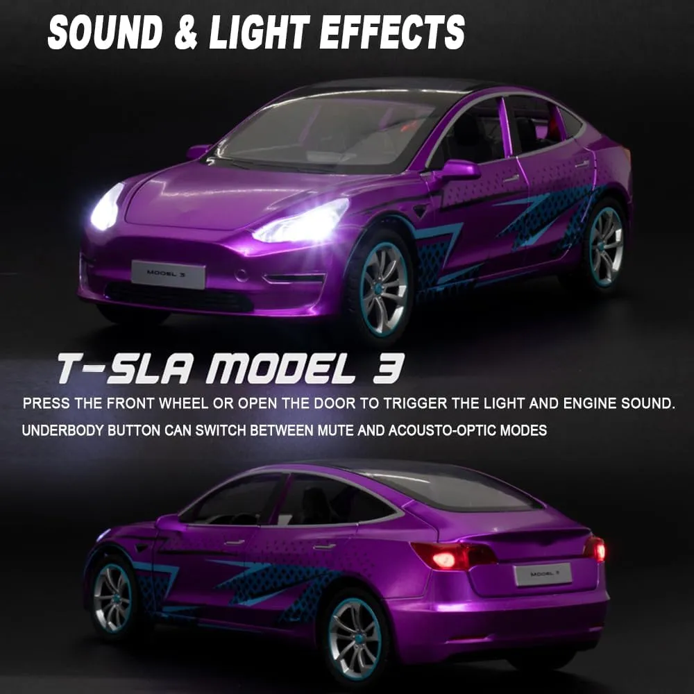 1:24 Scale Toy Cars Compatible for Model 3, Metal Die-Casting Model Cars with Light/Sound Pull Back Car Toys for Boys Girls 3  Year Old Kids Birthday Gift (1:24 Model 3-Black)