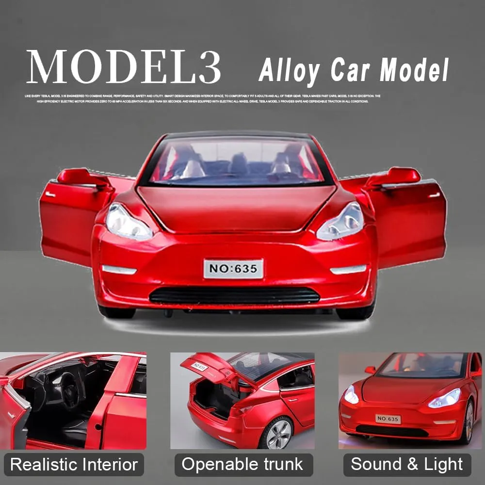 1:24 Scale Toy Cars Compatible for Model 3, Metal Die-Casting Model Cars with Light/Sound Pull Back Car Toys for Boys Girls 3  Year Old Kids Birthday Gift (1:24 Model 3-Black)