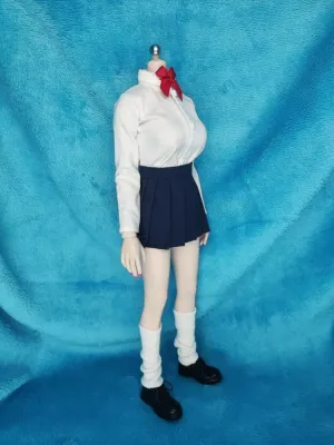 1/6 Ratio of Women's Clothing ，Student Set, Cute Set, Cute Pleated Skirt Set,1 White top 1 Blue Pleated Skirt 1 red Bow tie