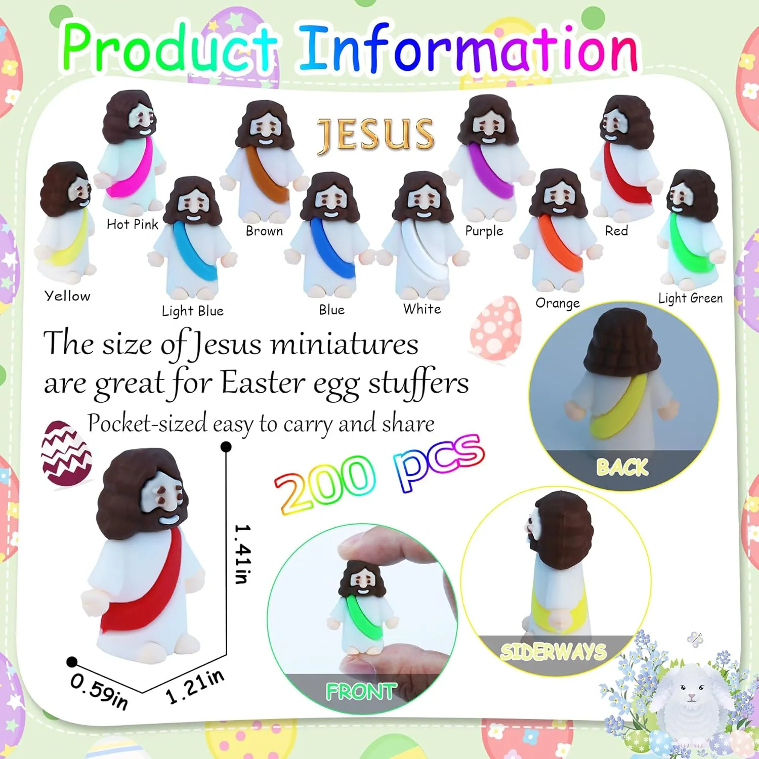 200 Pcs Little Jesus Figures Easter Mini Rubber Jesus Toys to Hide and Seek, Little Pocket Miniatures Religious Party Favors Baptism Gifts Sunday School Easter Egg Stuffers (10 Color*200)