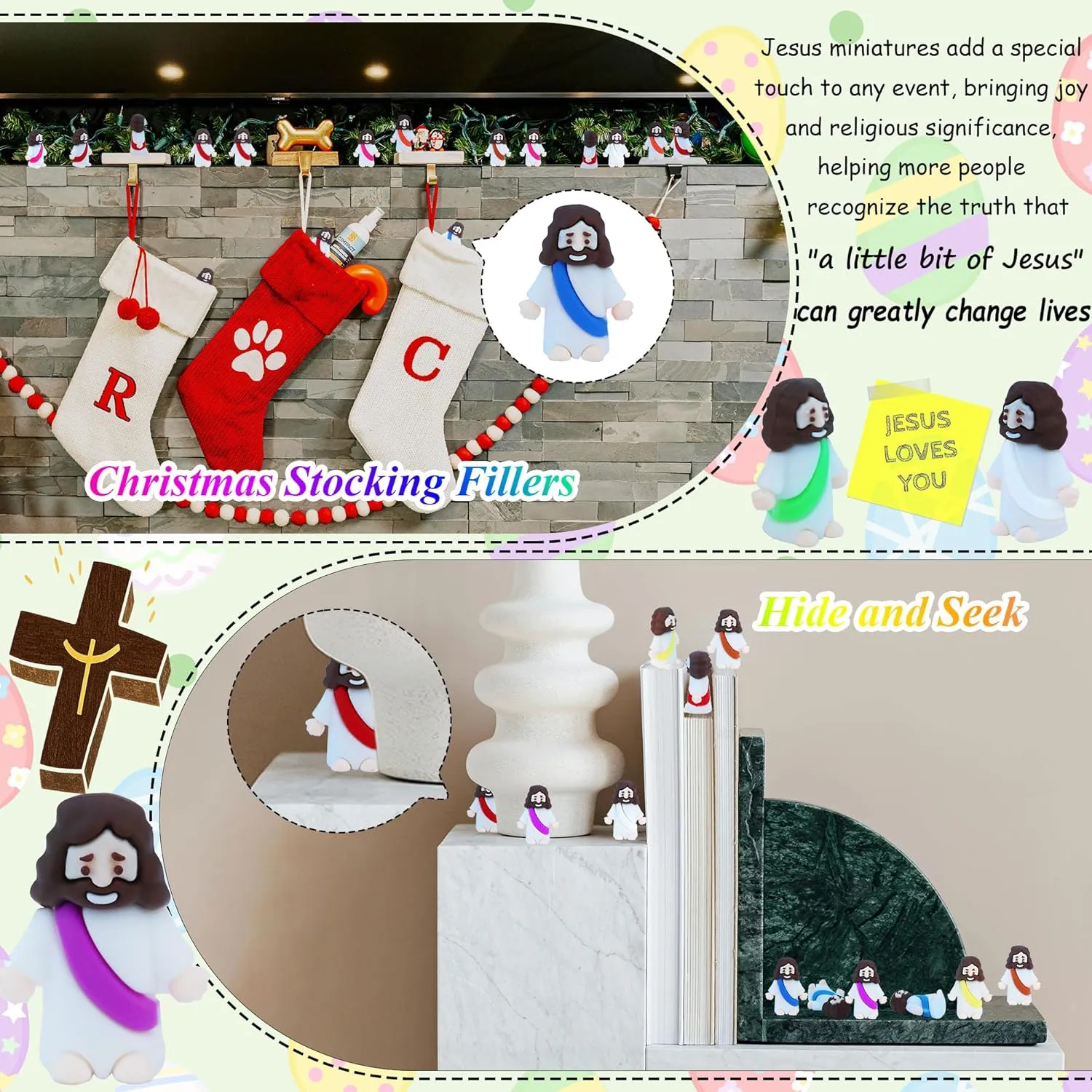 200 Pcs Little Jesus Figures Easter Mini Rubber Jesus Toys to Hide and Seek, Little Pocket Miniatures Religious Party Favors Baptism Gifts Sunday School Easter Egg Stuffers (10 Color*200)