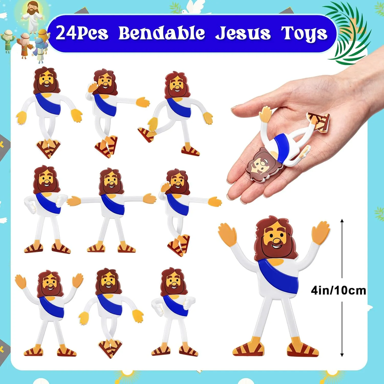 24 Pcs Sunday School Bendable Jesus Character Religious Toys 4 Inches Jesus Toys for Vbs Religious Favors Stress Relief Fidget Gift Easter Egg Stuffer Funny Sunday School Gift Figure(Blue)