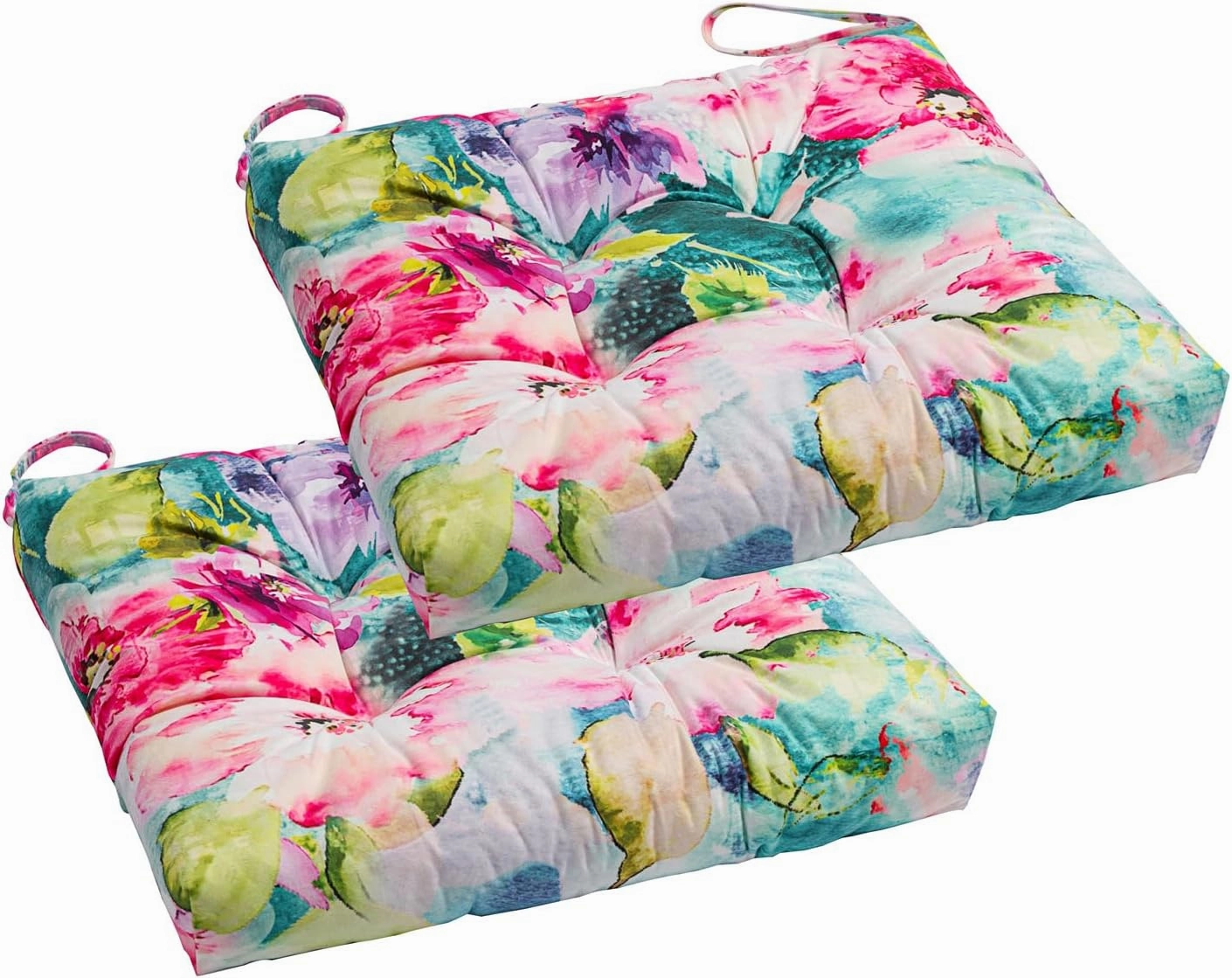 2-Pack Outdoor/Indoor Wicker Patio Seat Cushion Pad with Ties - Weather Resistant, Dining Chair Cushion, 17" x 17"(Watercolor Flowers)
