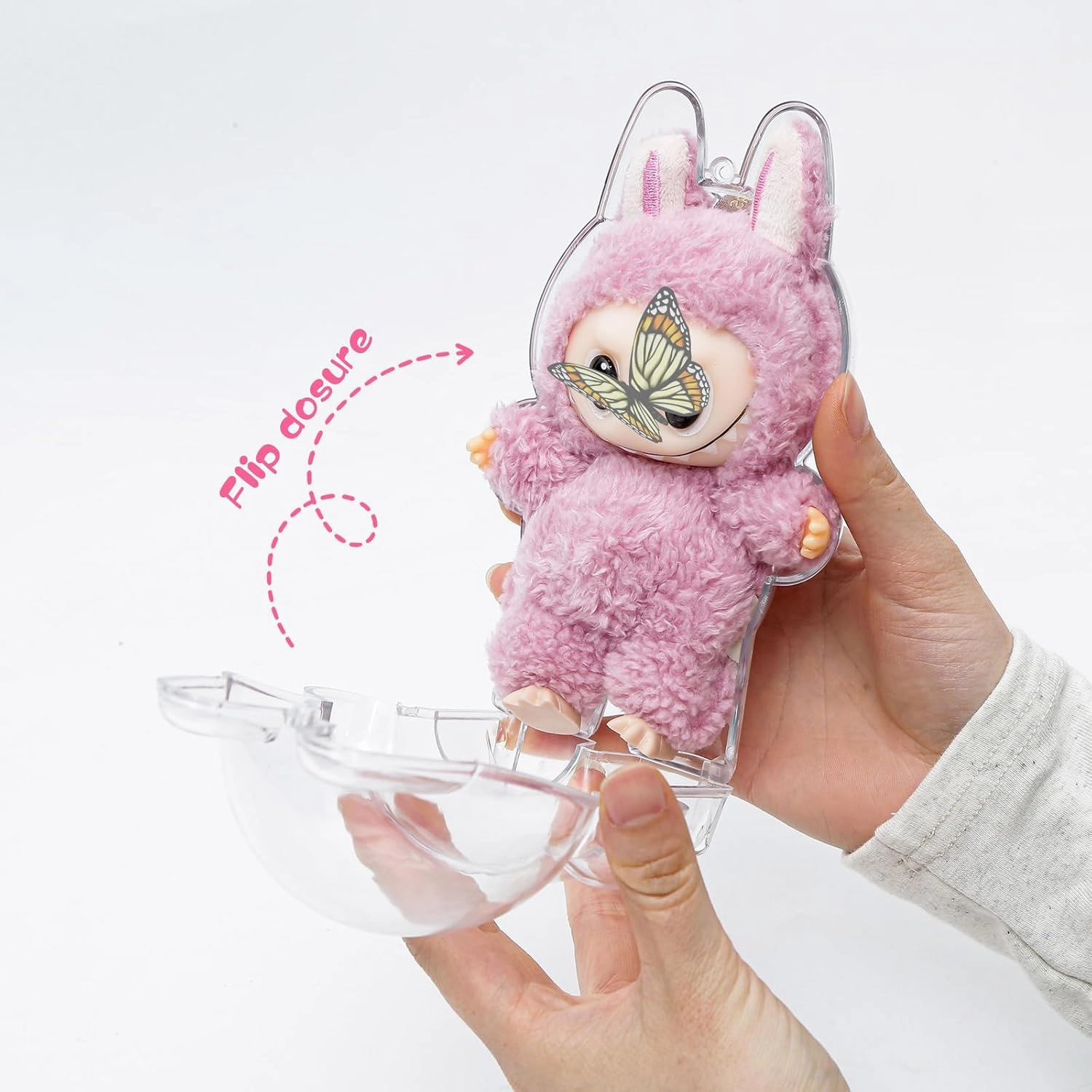 2PCS Intended for Labubu case，Clear Figure Display Bag with Keychain for Doll,Plastic Protective Cover(Doll Excluded, 2PCS Style Standing)