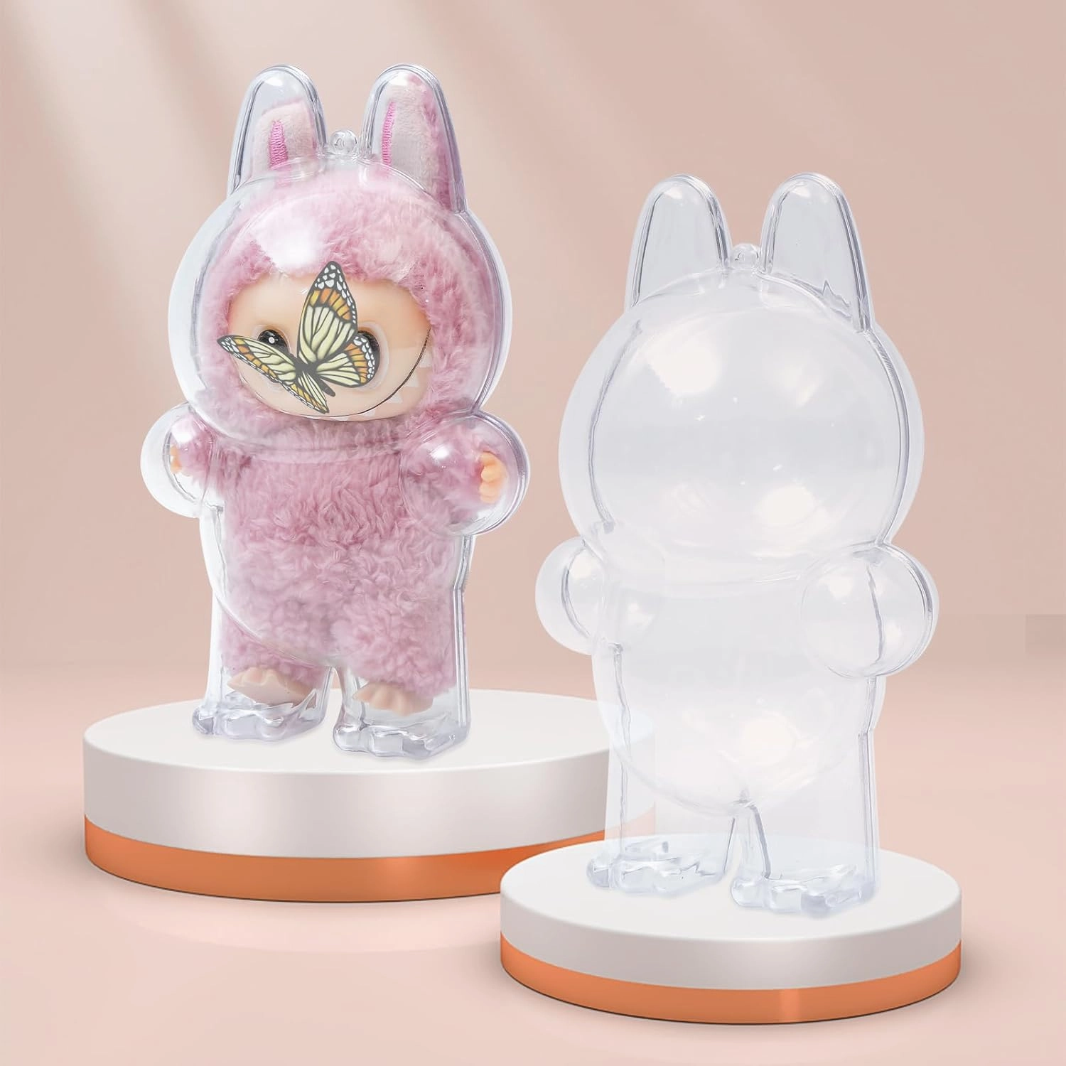 2PCS Intended for Labubu case，Clear Figure Display Bag with Keychain for Doll,Plastic Protective Cover(Doll Excluded, 2PCS Style Standing)