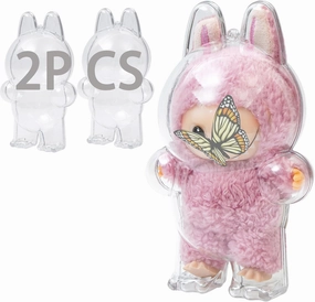 2PCS Intended for Labubu case，Clear Figure Display Bag with Keychain for Doll,Plastic Protective Cover(Doll Excluded, 2PCS Style Standing)