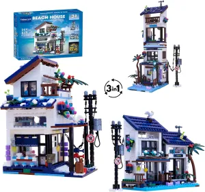 3 in 1 Beach House Building Block Set, City MOC Block Model, Light Module Included, Building Bricks Set Compatible with Major Brand (813Pcs)