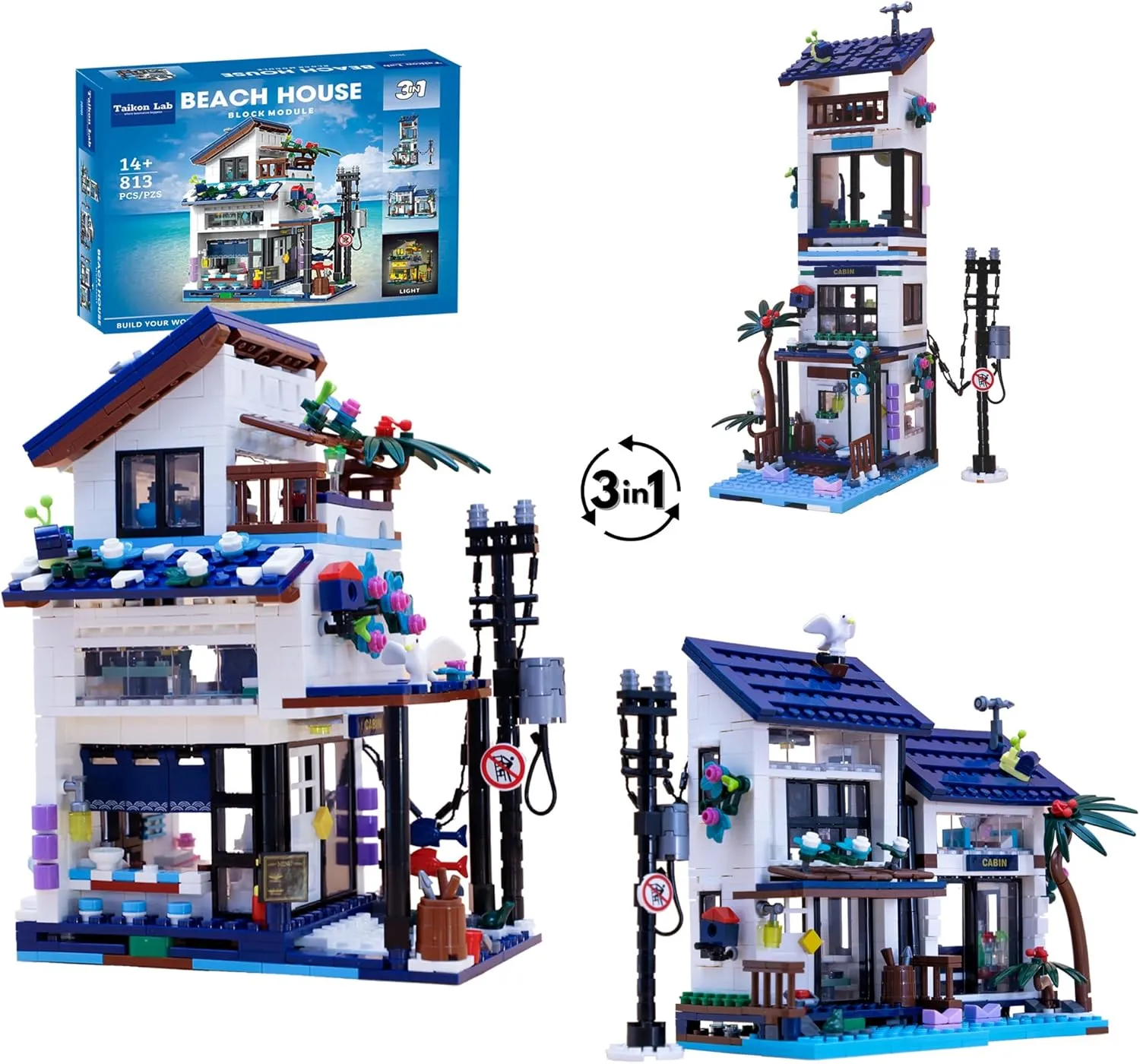 3 in 1 Beach House Building Block Set, City MOC Block Model, Light Module Included, Building Bricks Set Compatible with Major Brand (813Pcs)