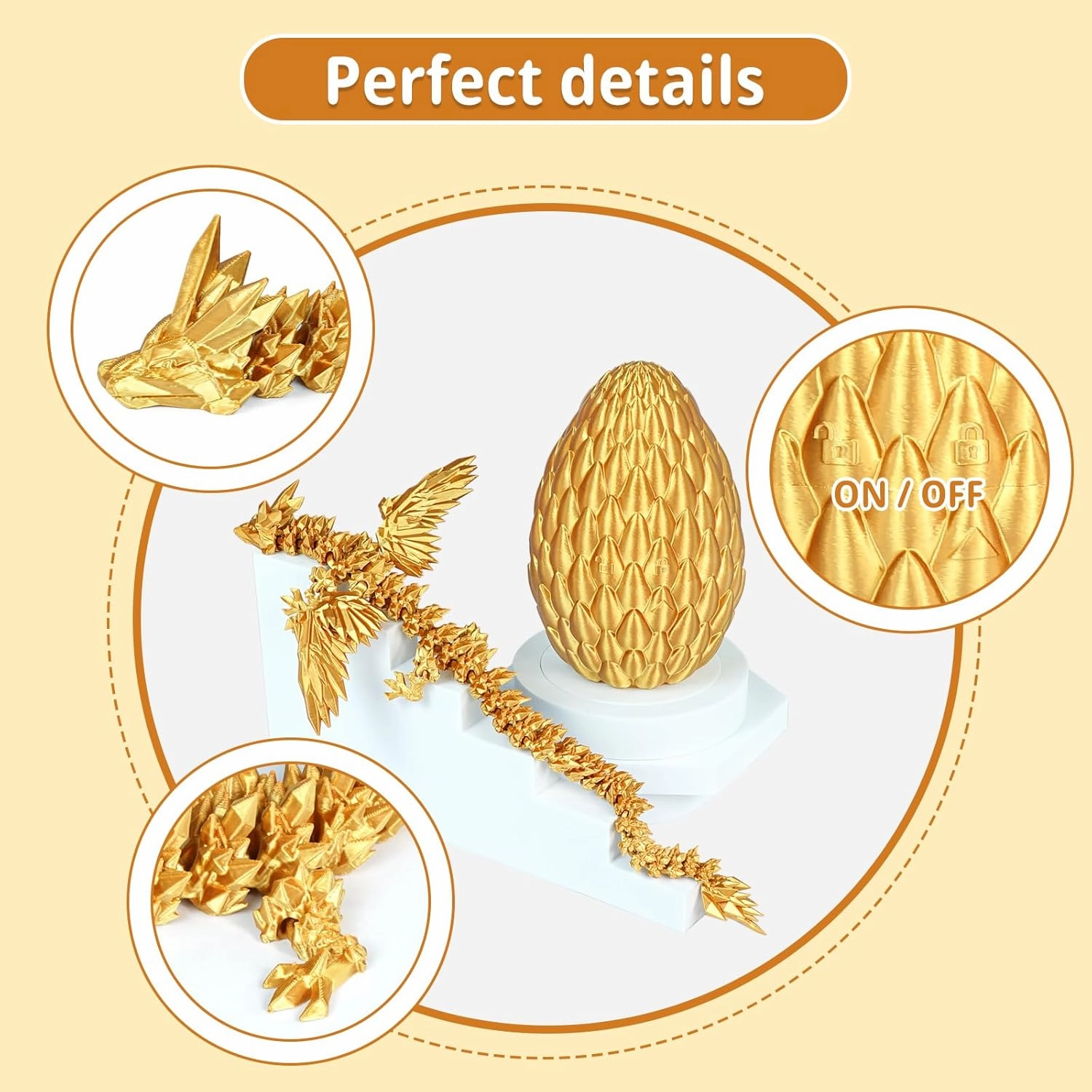 3D Printed Flying Dragon Egg with Articulated Dragon Inside – Toys&Gifts for Kids,Home Decor,Creative Ornaments,Birthday,Easter (Golden,Large)