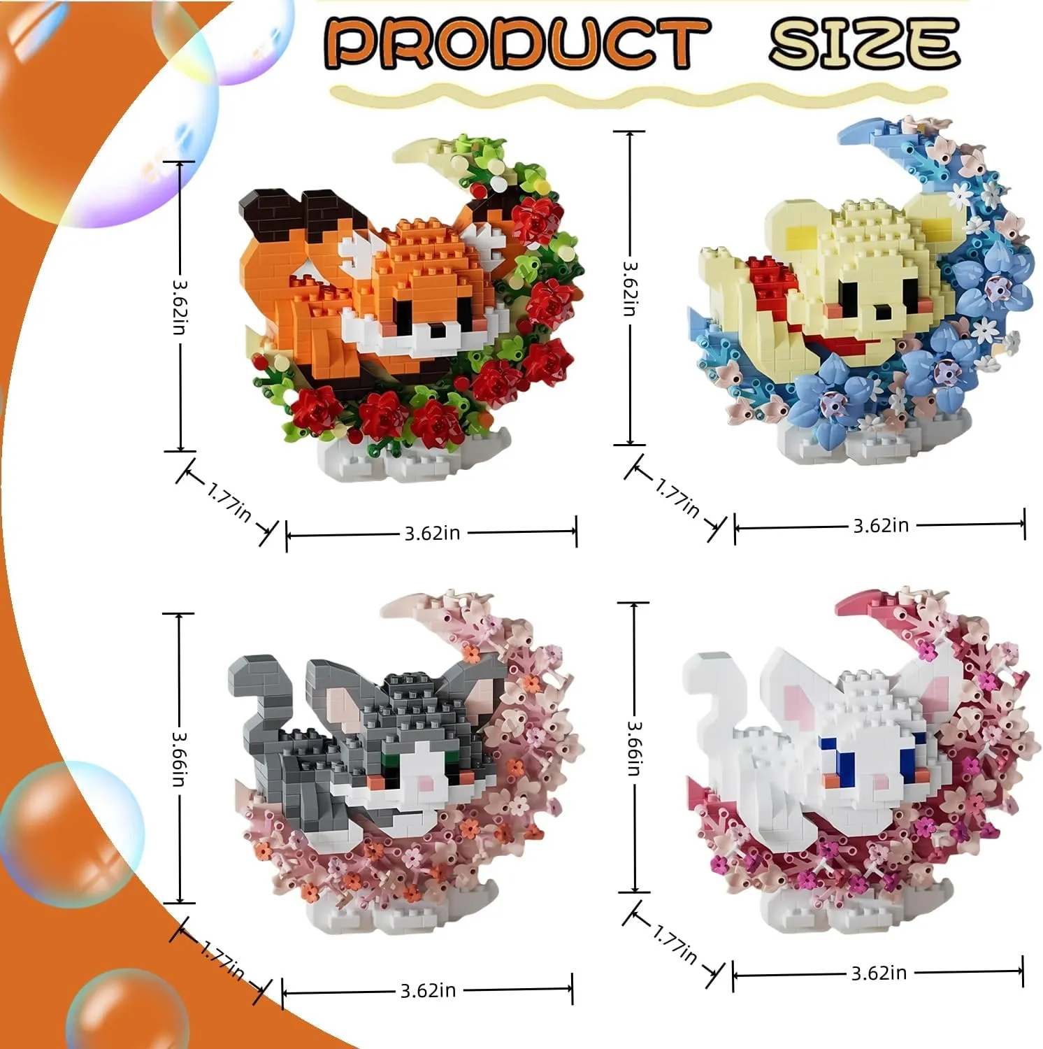 4 Pack Micro Building Block Sets, Cute Animals Micro Set with Flower and Moon, Building Blocks for Adults & Kids, Classroom Prizes, Party Favors, Toys for Ages 8-13  (Fox Bear 2 Cat)