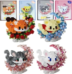 4 Pack Micro Building Block Sets, Cute Animals Micro Set with Flower and Moon, Building Blocks for Adults & Kids, Classroom Prizes, Party Favors, Toys for Ages 8-13  (Fox Bear 2 Cat)