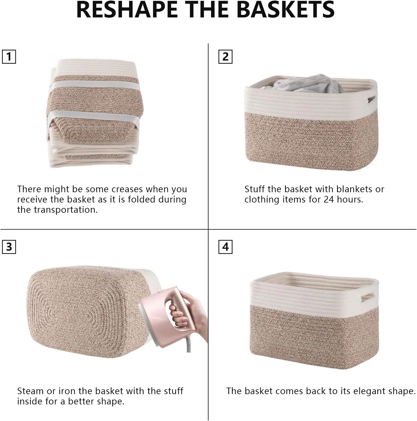 4 Pack Storage Baskets for Organizing, Woven Baskets for Shelves - Perfect for Toys, Books, Towels, and Clothes, Durable Gift Basket Bins Toy Storage, 12.7''Lx9''Wx7.8''H, Brown & White