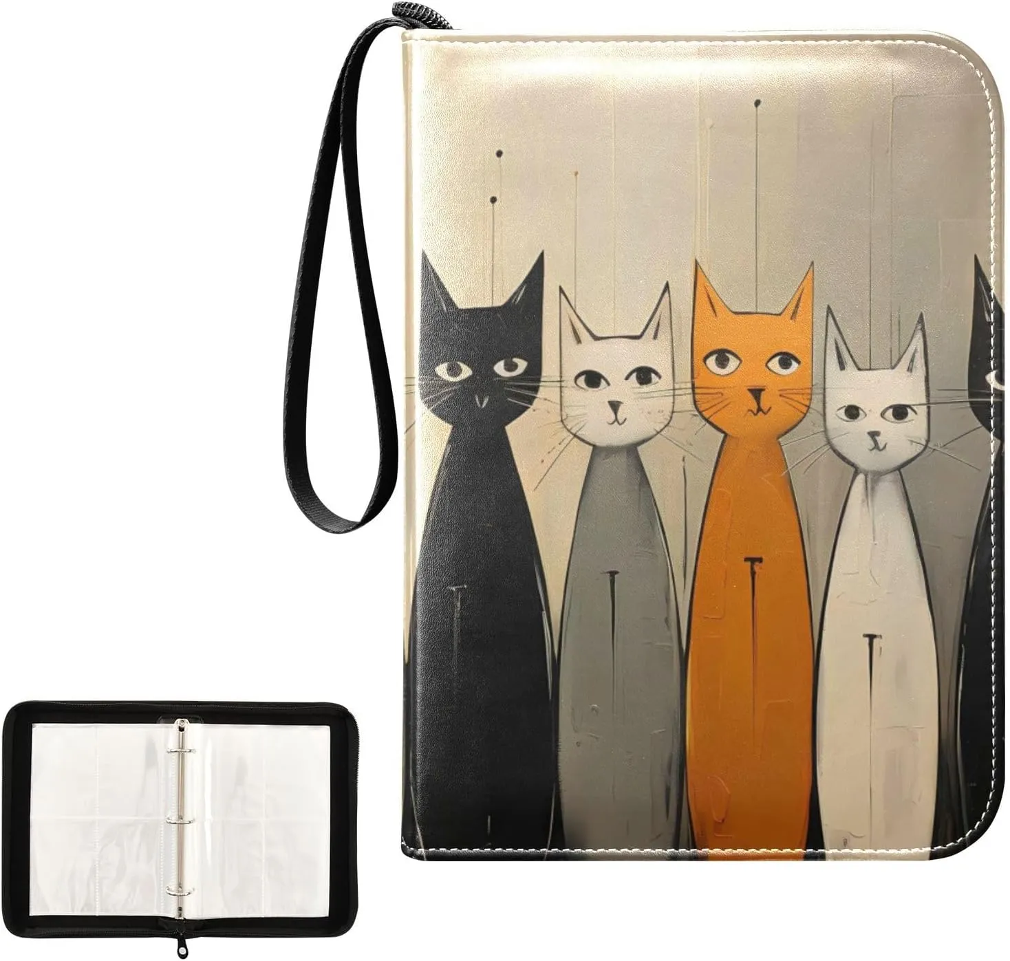 4 Pockets Trading Card Album Holder Book Folder Sports Card Binder Cat Stick Figure 400 Double Side Pockets for 3 Ring Binder Zipper
