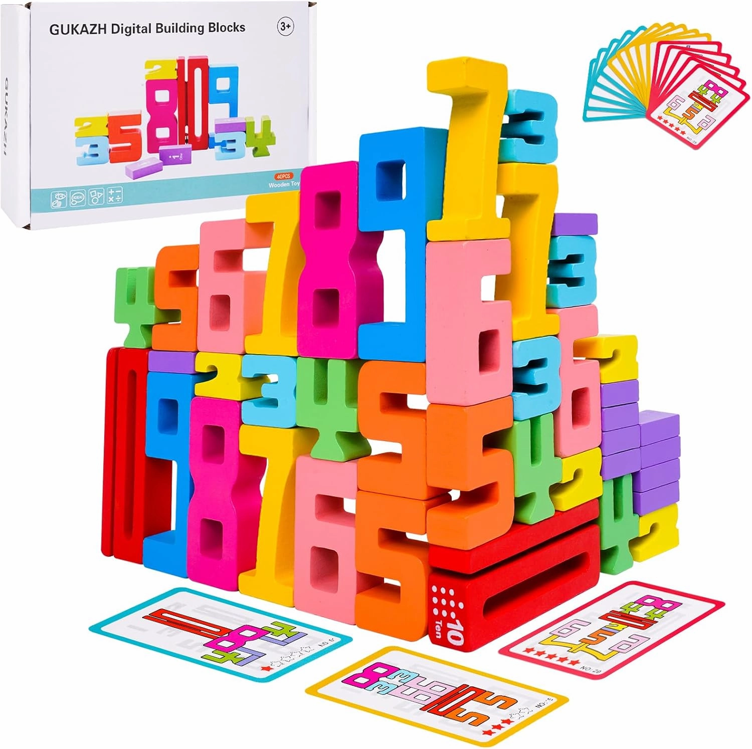 40PCS Wooden Number Building Blocks,Math Learning Tools Digital Building Blocks 1-10 for Kids,Stacking Blocks Toys,Balance Competition Toys,Educational Gift Party Favors for 3  Years Old Boys Girls