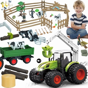 46Pcs Farm Toys, Tractor Toy w/Lights & Sound, Farm Animals Toys for 3 4 5 6 7 8  Year Old Toddler Girls Boys Kid, Figures Farmer Vehicle Truck Fence Farm Playset Educational Learning Toys