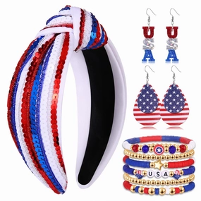 4th of July Accessories for Women American Flag Headband USA Earrings Red Blue White Beaded Heishi Bracelets USA Patriotic Fourth Of July Accessories Outfits Jewelry Gifts (Red Blue)