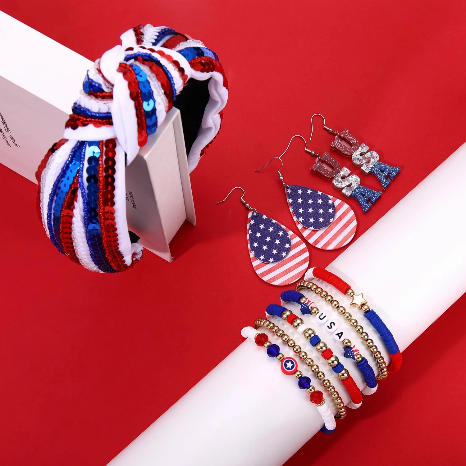 4th of July Accessories for Women American Flag Headband USA Earrings Red Blue White Beaded Heishi Bracelets USA Patriotic Fourth Of July Accessories Outfits Jewelry Gifts (Red Blue)