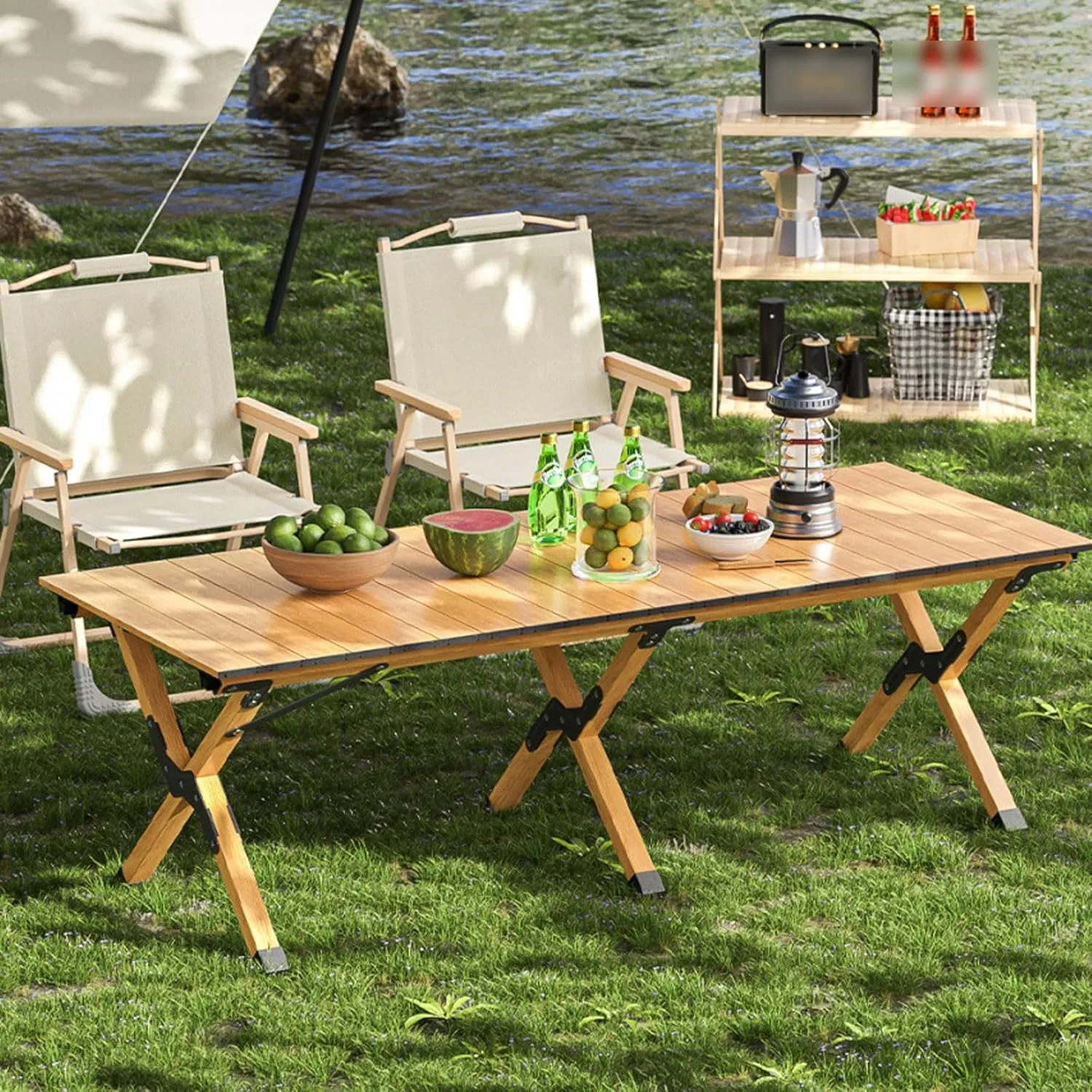 5-PCS Folding Camping Table Chairs Portable Outdoor Lawn and Aluminum Roll-up with Carrying Bag, Lightweight Picnic for Patio Garden BBQ