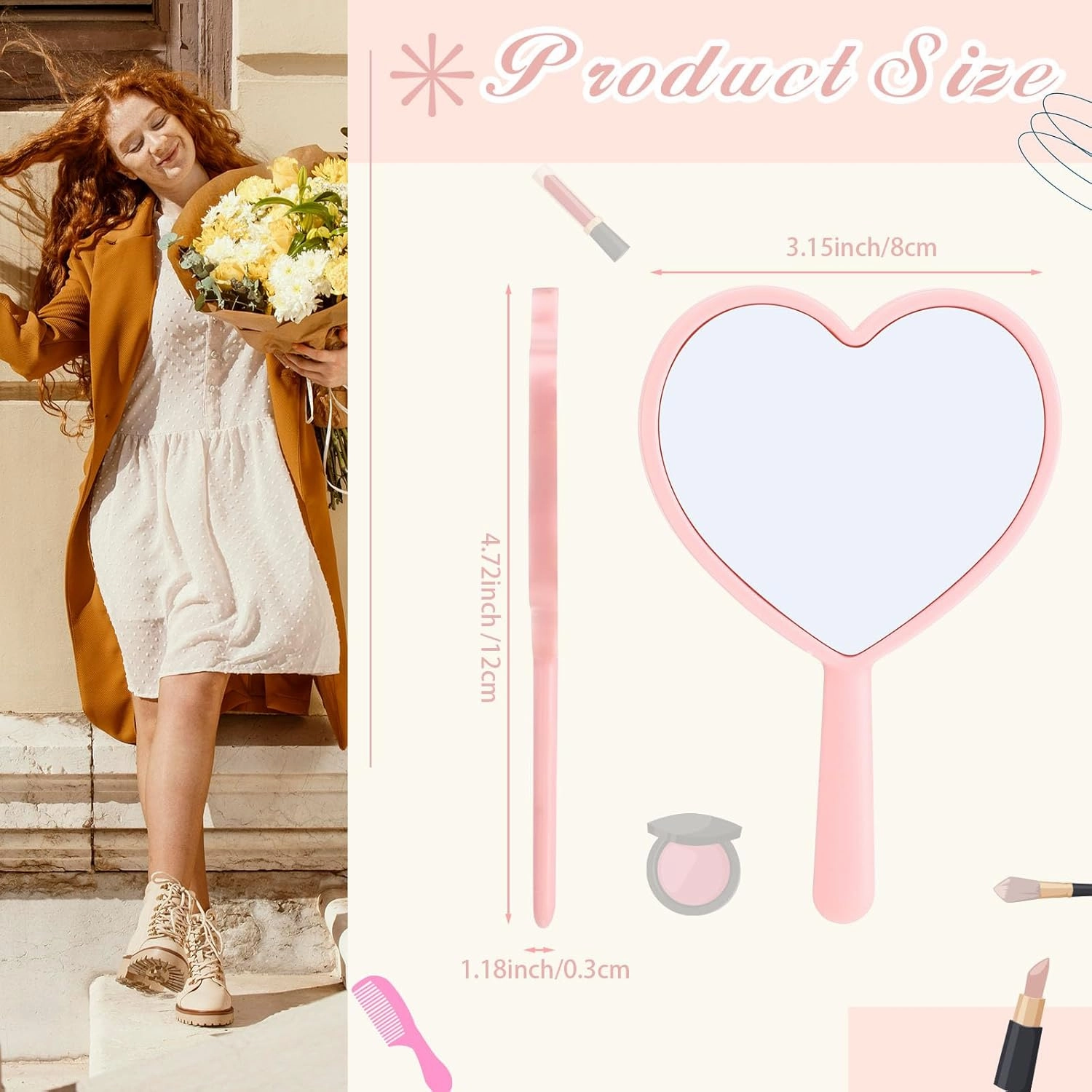 50 Pcs Heart Shaped Handheld Mirror with Handle Bulk Small Portable Travel Makeup Hand Held Mirror 3.15 x 4.72 Inch Mini Plastic Compact Cosmetic Tool for Women Men Girls Daily DIY Use