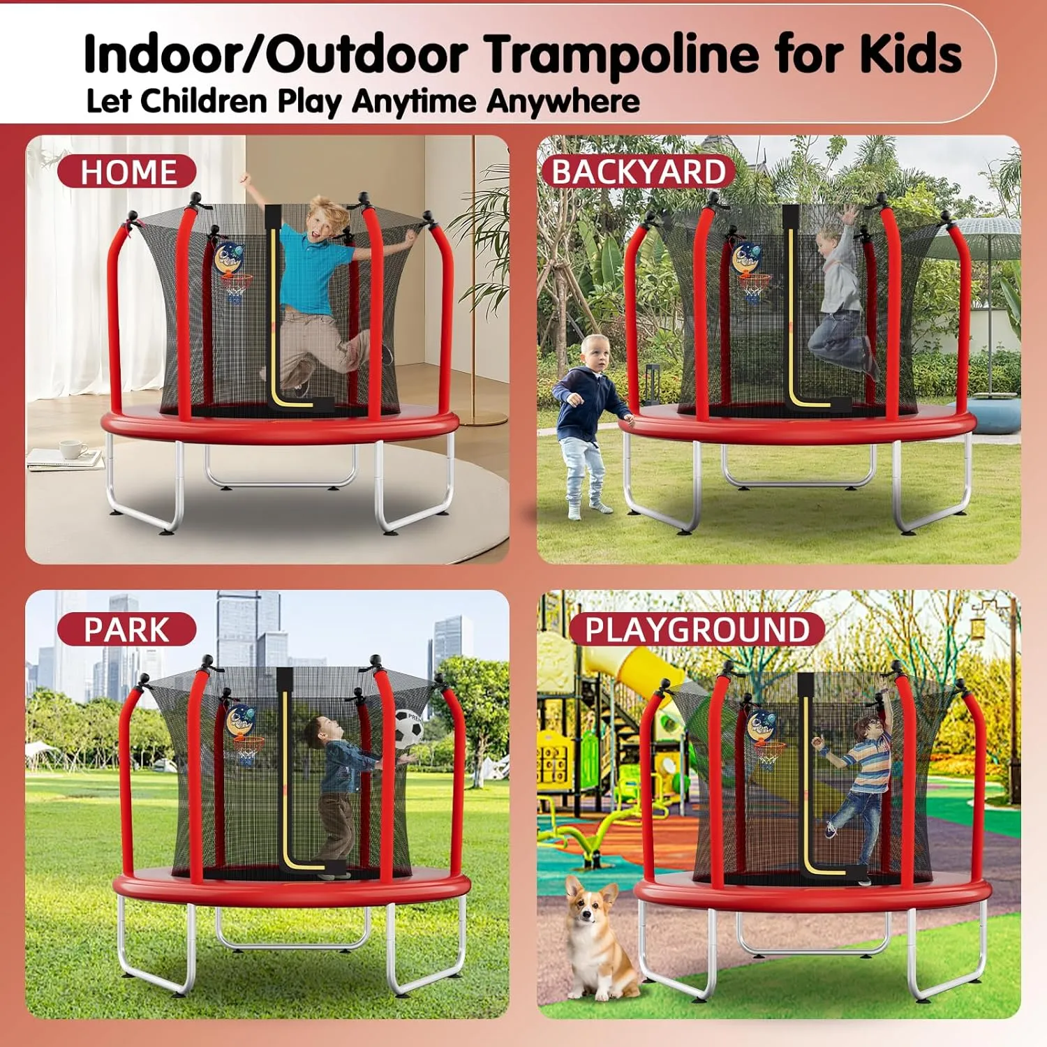 55" Toddler Trampoline for Kids with Safety Enclosure Net, 5FT Trampoline for Kids Indoor & Outdoor with Basketball Hoop, Birthday Gifts for Boy and Girl, Age 3-8
