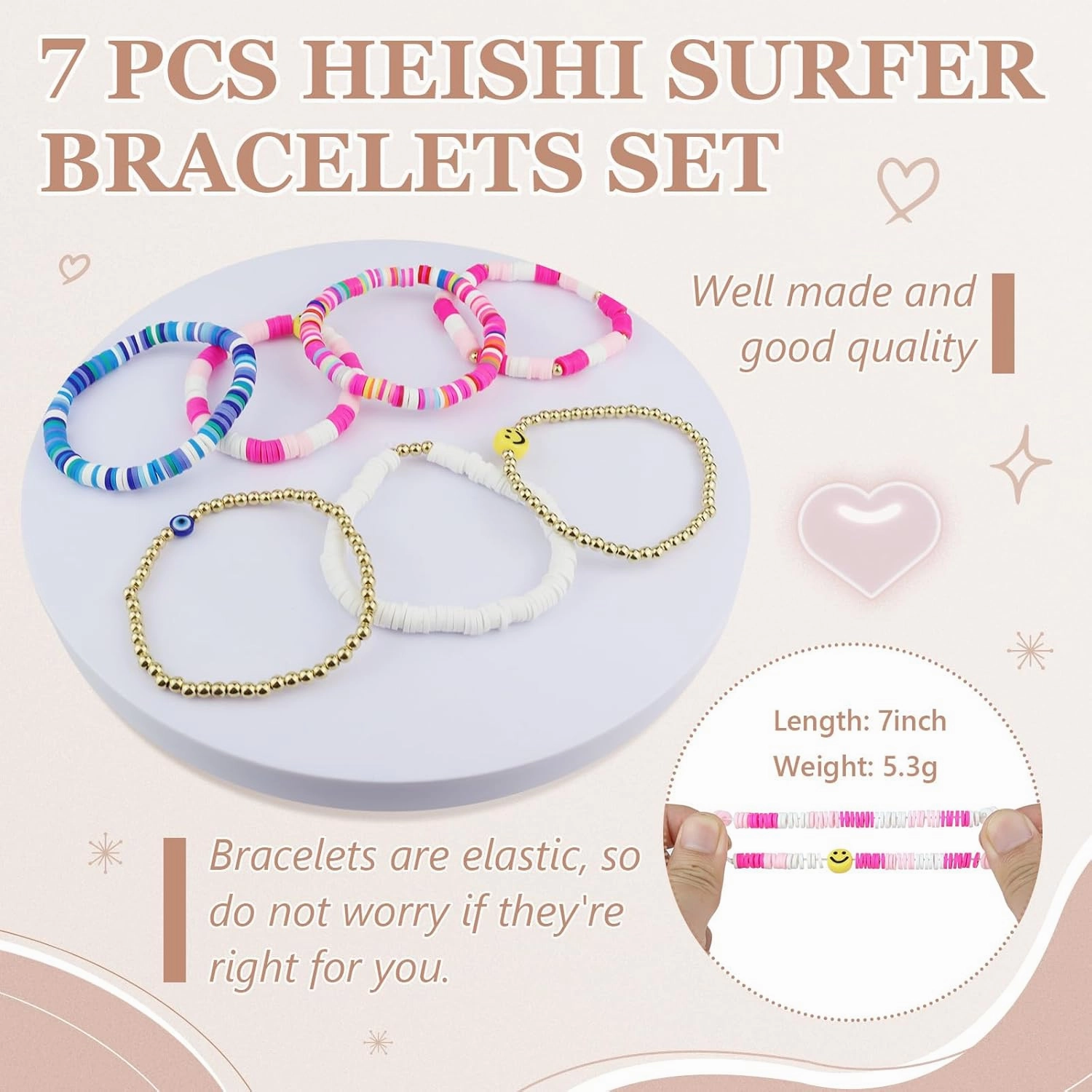 58 Pcs Preppy Makeup Bag Set Aesthetic Cosmetic Bag Travel Makeup Pouch Toiletry Bag 7 Heishi Surfer Bracelets with 50 Cute Stickers for Women Girls Teens Gifts