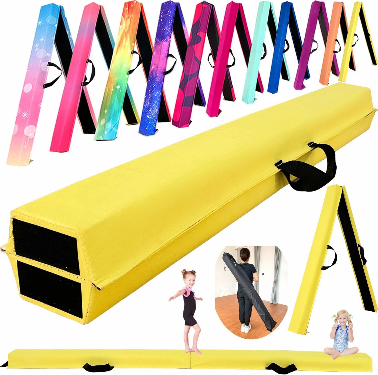 6 FT / 8 FT / 9 FT Folding Gymnastics Beam Foam Balance Floor Beam - Extra Firm - Suede Cover - Anti Slip Bottom with Carry Bag for Kids/Adults Home Use