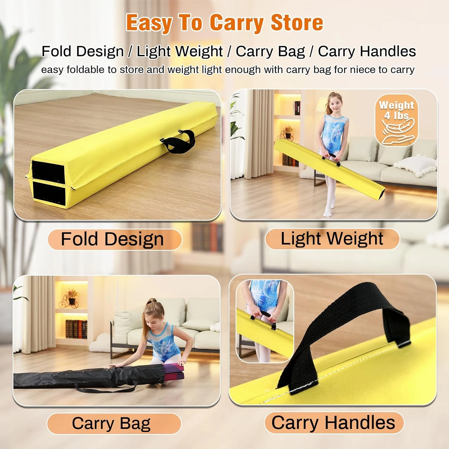 6 FT / 8 FT / 9 FT Folding Gymnastics Beam Foam Balance Floor Beam - Extra Firm - Suede Cover - Anti Slip Bottom with Carry Bag for Kids/Adults Home Use