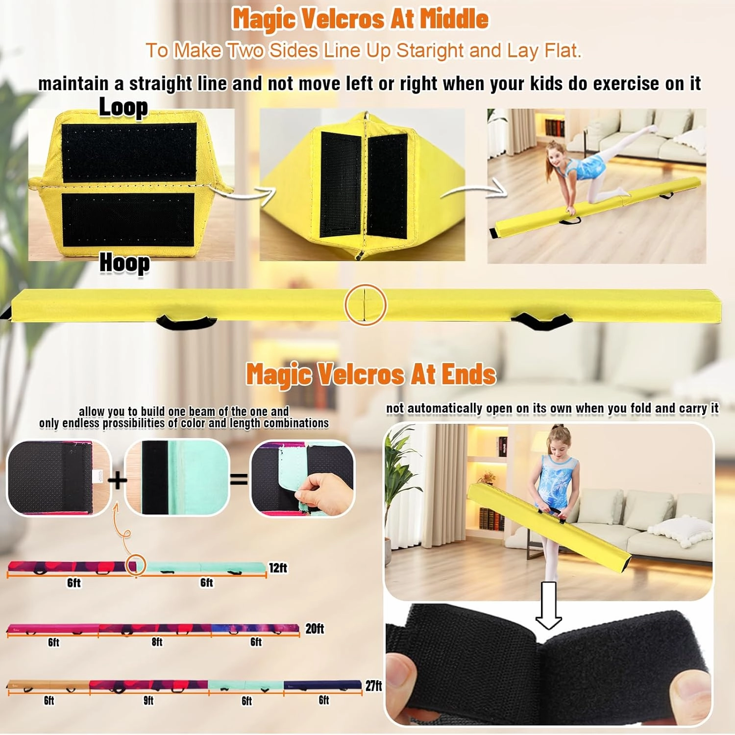 6 FT / 8 FT / 9 FT Folding Gymnastics Beam Foam Balance Floor Beam - Extra Firm - Suede Cover - Anti Slip Bottom with Carry Bag for Kids/Adults Home Use