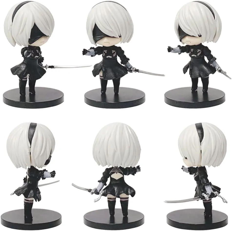 6pcs 2B Figure Statue Set, 4'' Mini 9S Action Figure Model A2 Cake Topper Figures Anime Figurine Decoration Birthday Gifts for Fans