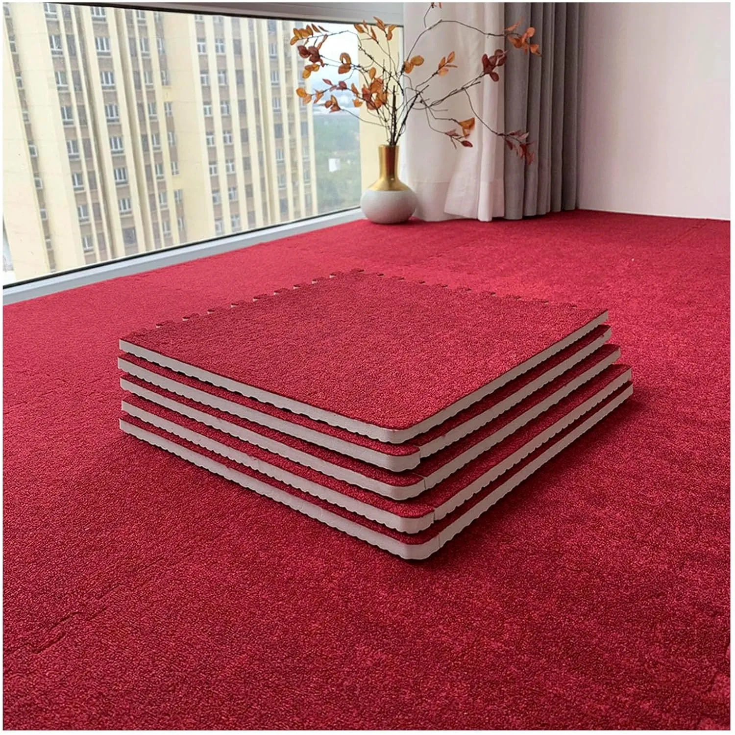 80 Pcs Interlocking Carpet Tiles, Short Pile Foam Square Floor Mats,Puzzle Play Mat Set for Playroom,Gym,Red