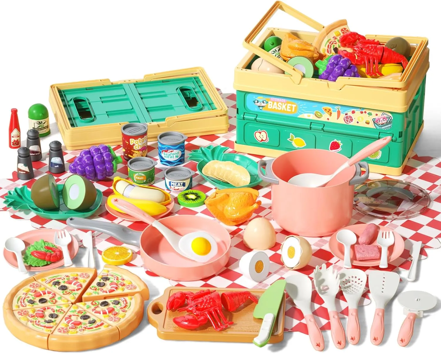 80Pcs Kitchen Playset, Toddler Pretend Cooking with Pots, Pans, Cookware, Food, Picnic Blanket, Fruits, Veges, Shopping Storage Basket, Dessert, Learning Gift for Girls Boys (Pink)