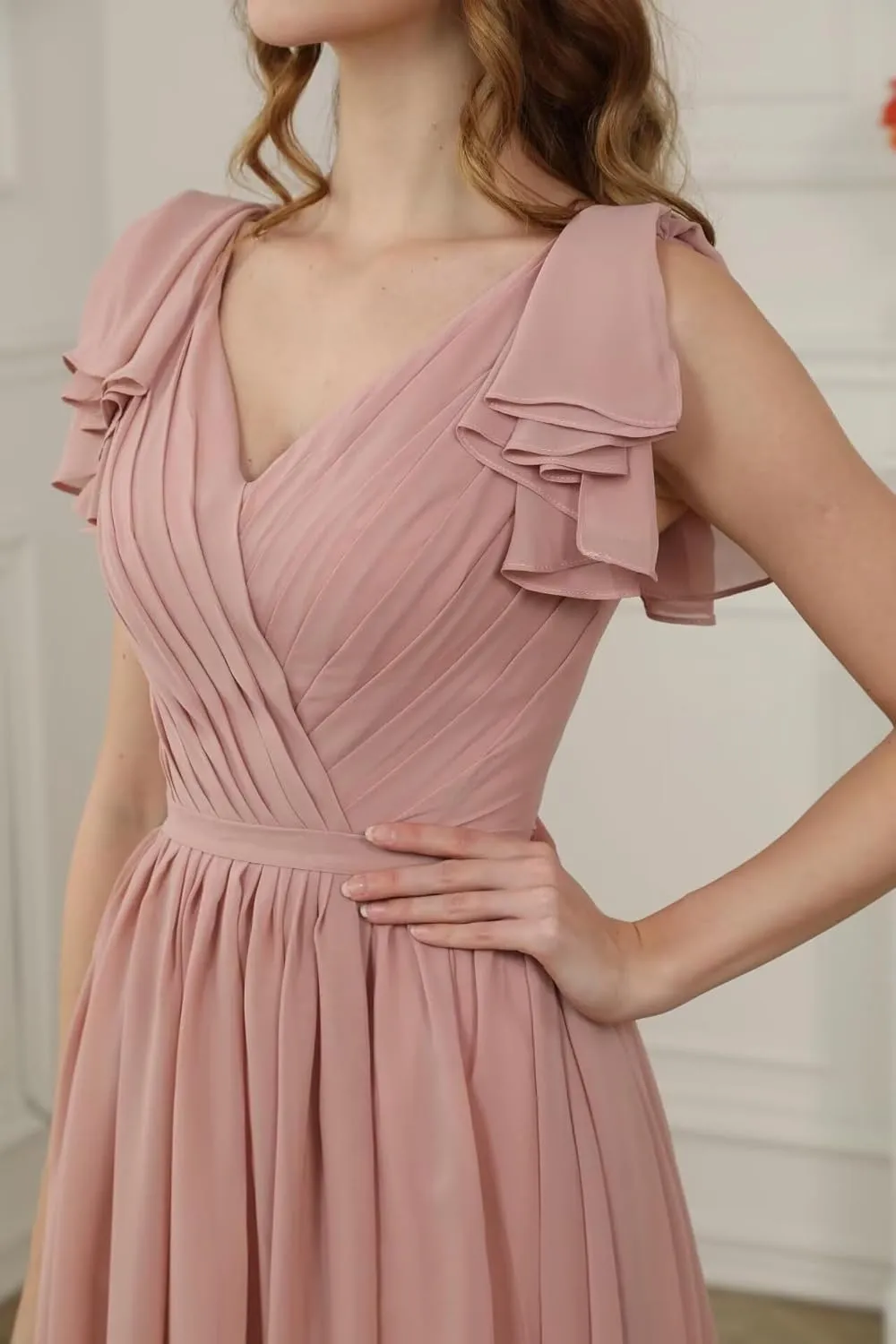 A-line Pleated Chiffon Bridesmaid Dress for Women, Long V Neck Formal Party Dresses Wedding Guest Dress