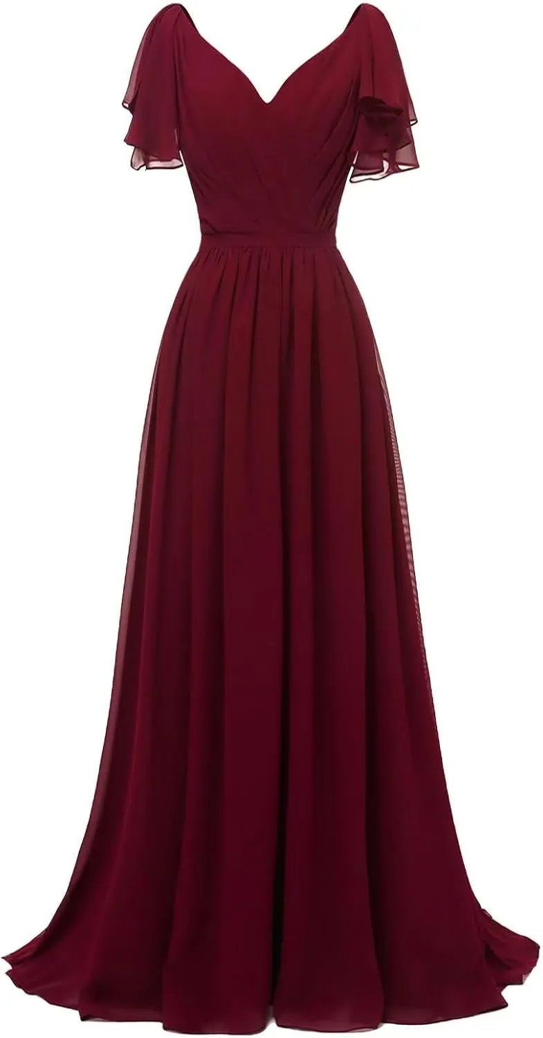 A-line Pleated Chiffon Bridesmaid Dress for Women, Long V Neck Formal Party Dresses Wedding Guest Dress