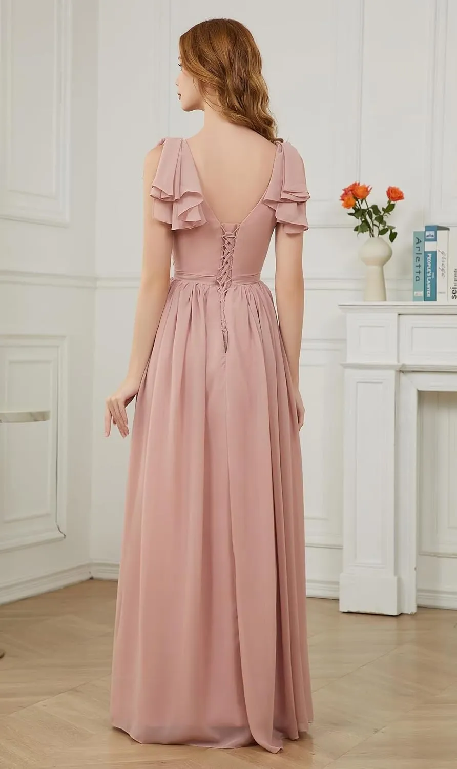 A-line Pleated Chiffon Bridesmaid Dress for Women, Long V Neck Formal Party Dresses Wedding Guest Dress