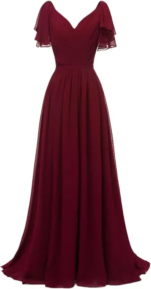 A-line Pleated Chiffon Bridesmaid Dress for Women, Long V Neck Formal Party Dresses Wedding Guest Dress