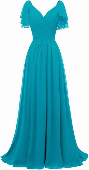 A-line Pleated Chiffon Bridesmaid Dress for Women, Long V Neck Formal Party Dresses Wedding Guest Dress