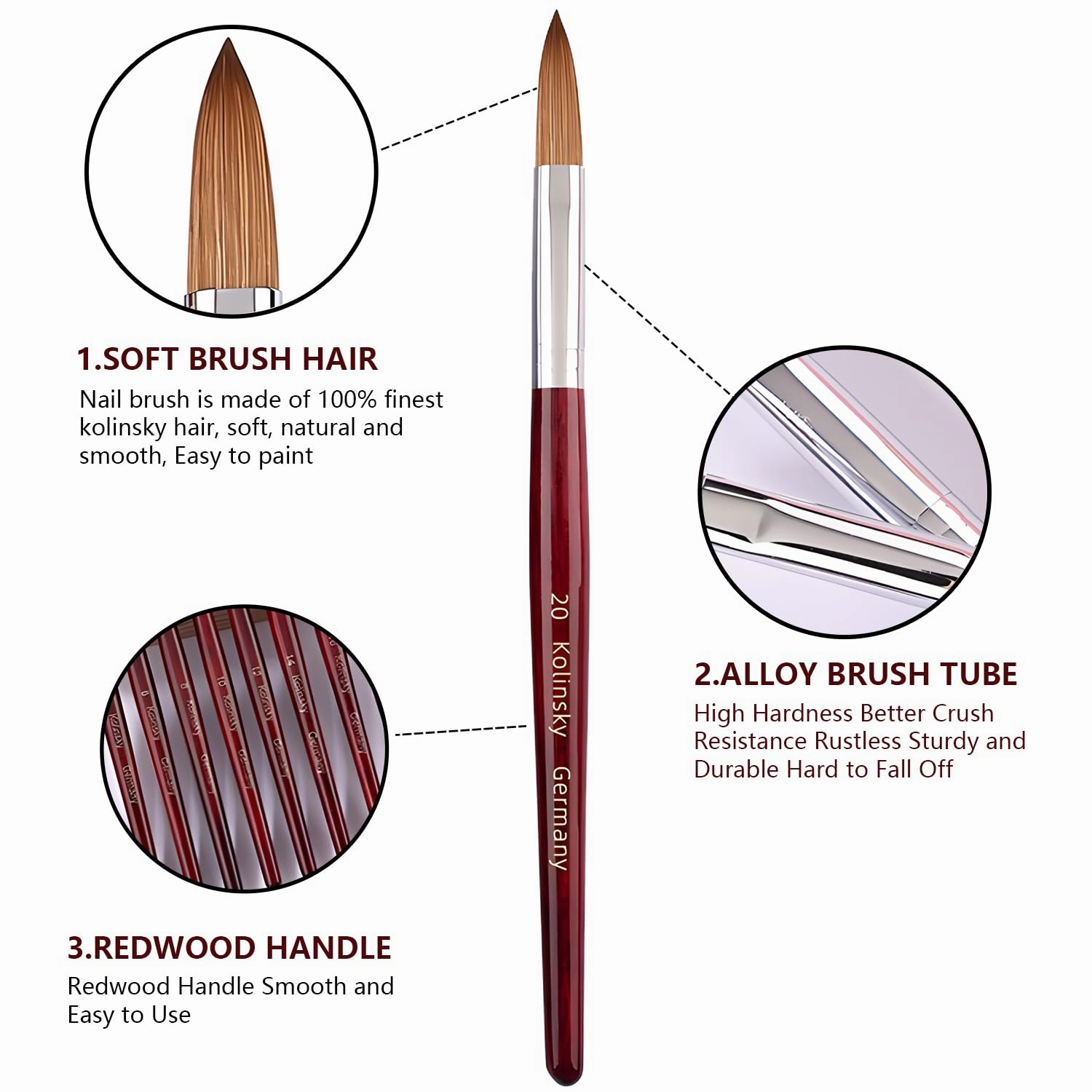 Acrylic Nail Art Brush, 100% Pure Kolinsky Hair Oval Nail Brush for Acrylic Application, Professional Nail Extension Manicure Tool Striping Nail Drawing Pen for DIY Home Salon (20#)