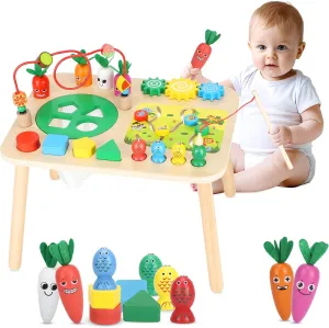 Activity Table for 1  Year Old Girls Boys, 7-in-1 Wooden Montessori Toys, Activity Center, Baby Toddler Sensory Toys Kids First Birthday Gift