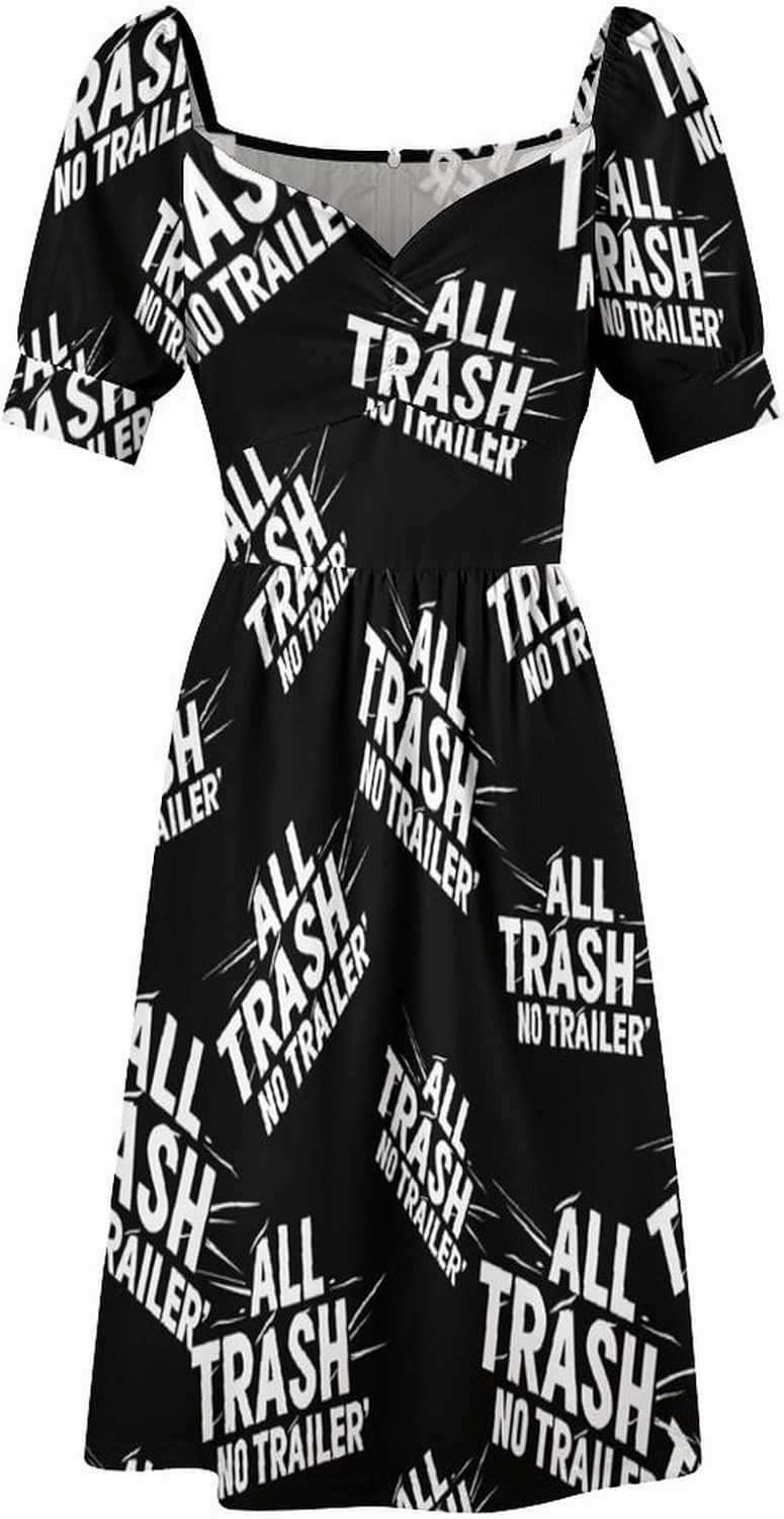All Trash No Trailer Casual Midi Dresses for Women Cute V Neck Puff Sleeve Summer Party Dress