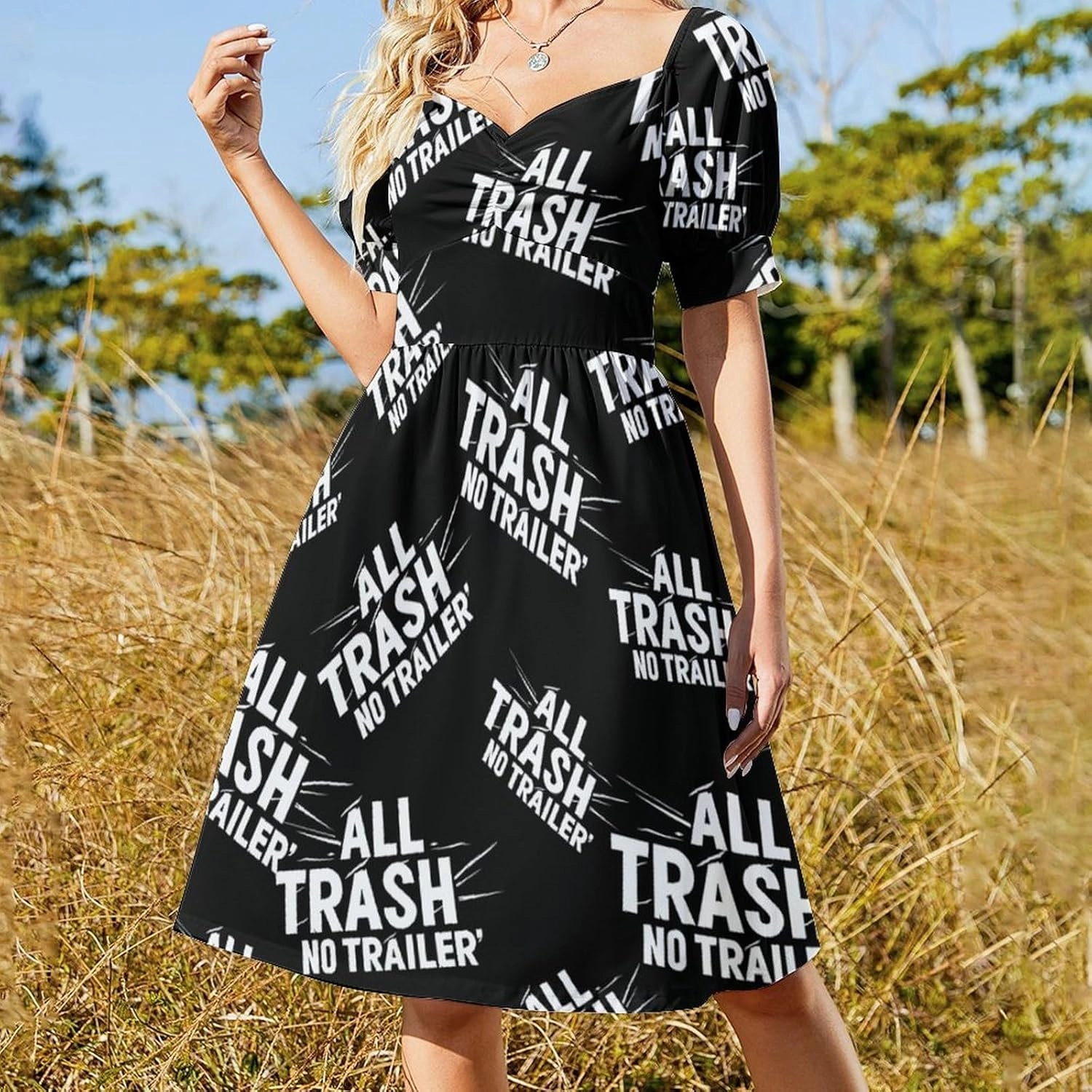 All Trash No Trailer Casual Midi Dresses for Women Cute V Neck Puff Sleeve Summer Party Dress
