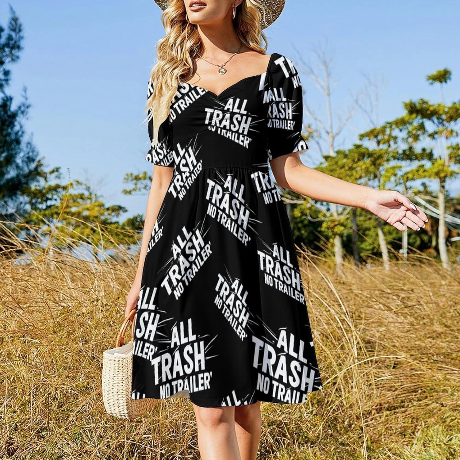 All Trash No Trailer Casual Midi Dresses for Women Cute V Neck Puff Sleeve Summer Party Dress