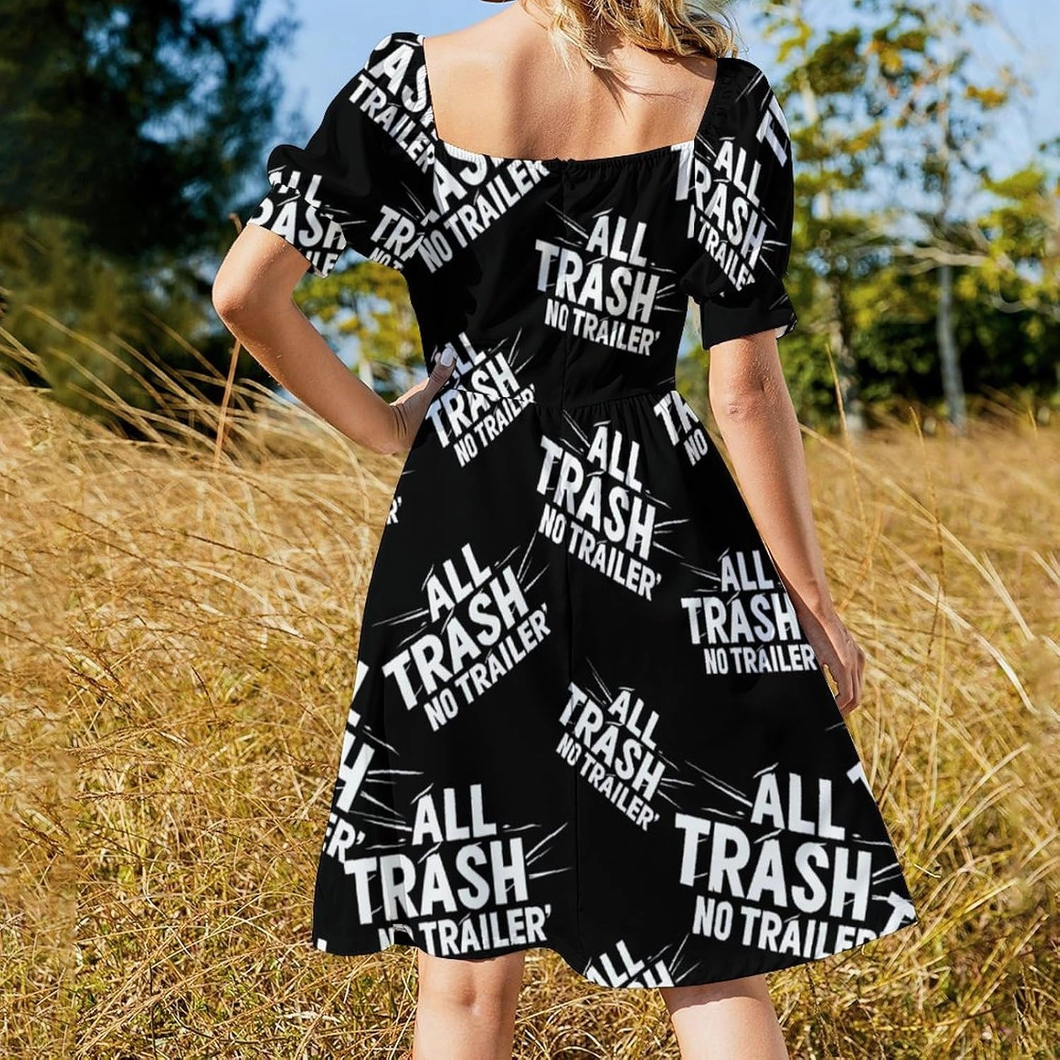 All Trash No Trailer Casual Midi Dresses for Women Cute V Neck Puff Sleeve Summer Party Dress