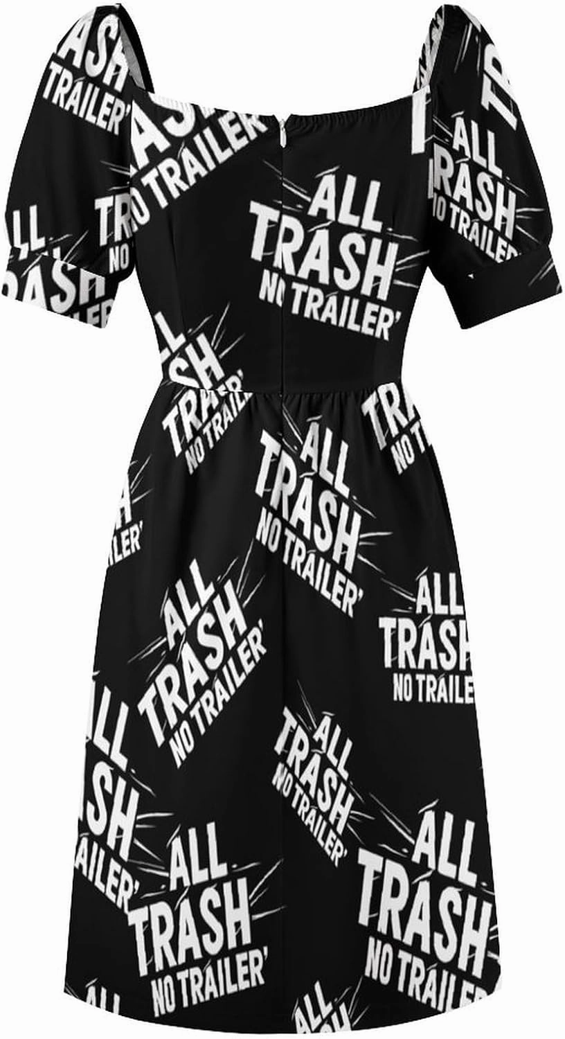 All Trash No Trailer Casual Midi Dresses for Women Cute V Neck Puff Sleeve Summer Party Dress